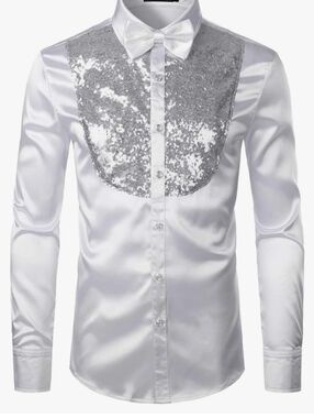 Men White Satin Sequin  Dress Shirt with Bow Tie